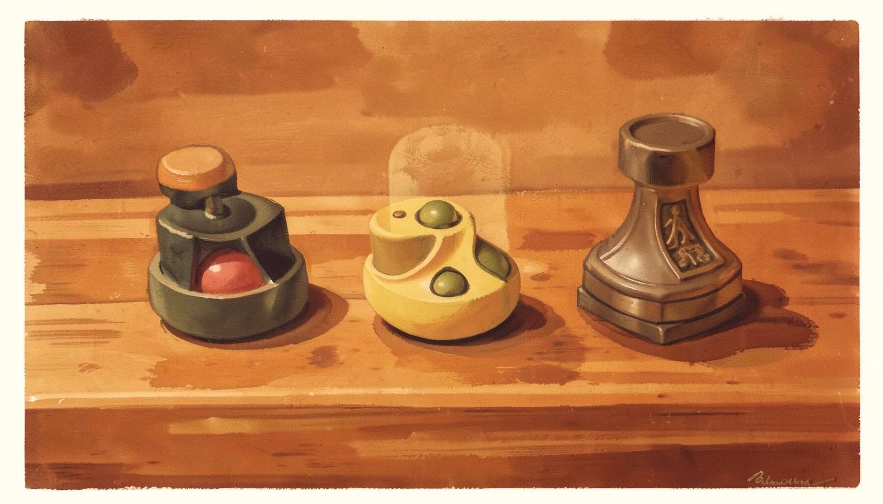 Matte gouache poster painting of three classic board game pieces arranged on a tabletop, warm wood tones and soft shadows