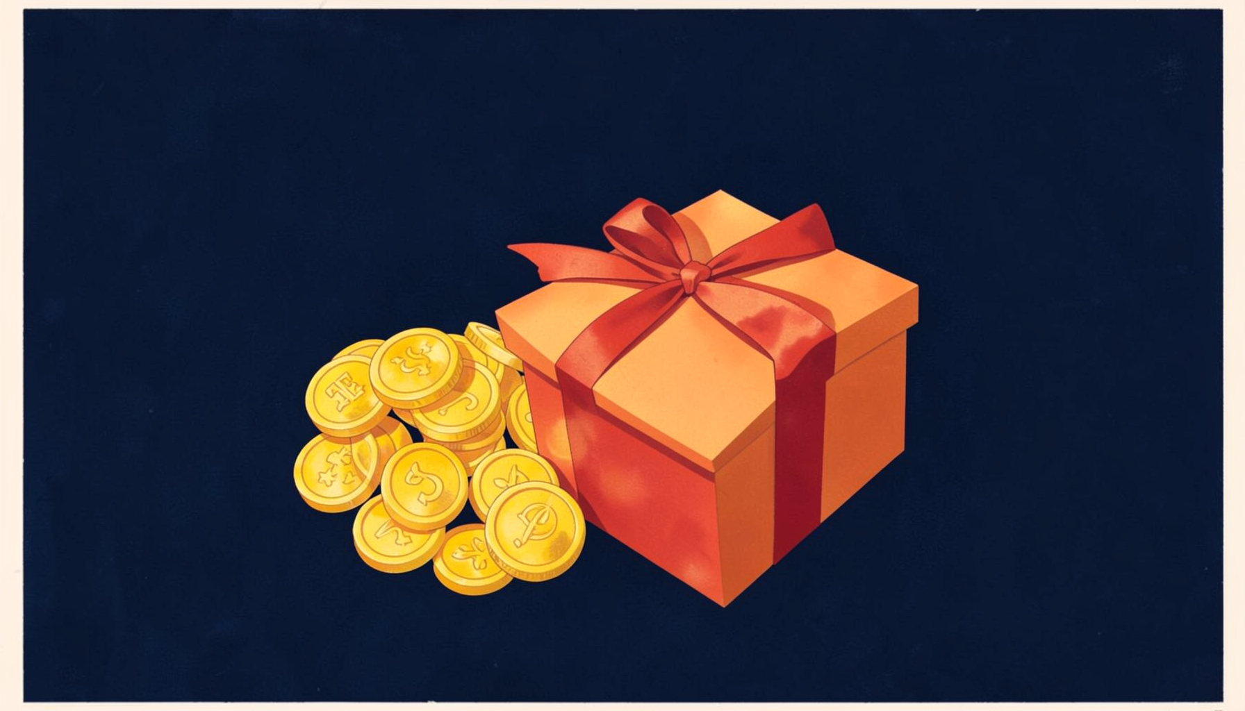 Matte gouache poster painting of golden coins and a welcome gift box on a dark navy background, celebratory and warm
