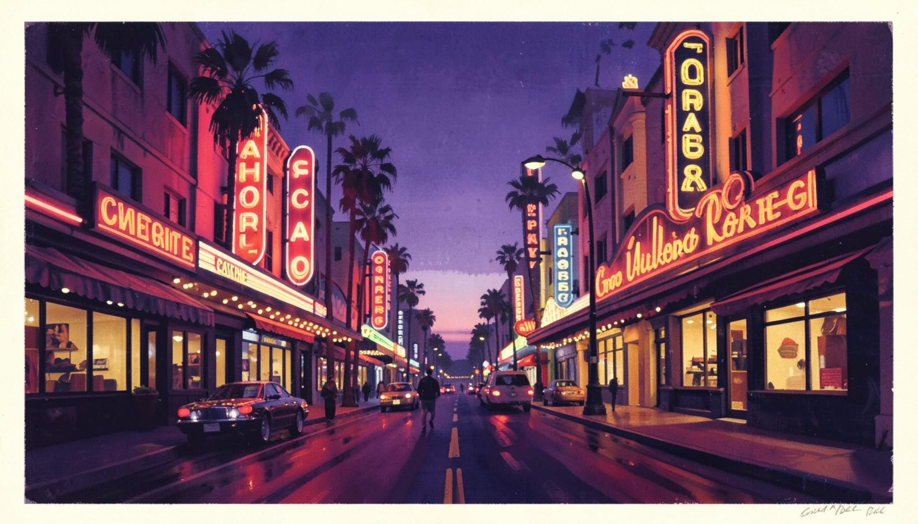 Matte gouache poster painting of a neon-lit boulevard at dusk with glowing signs, deep purples and warm golds, nostalgic Vegas mood