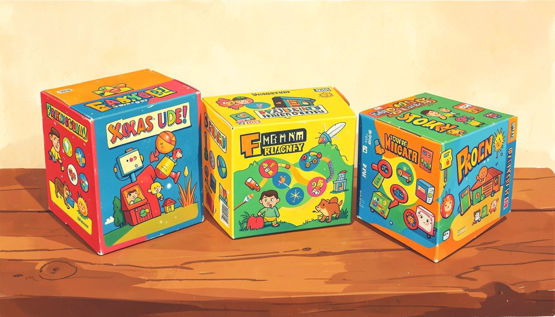 Matte gouache poster painting of three colorful board game boxes arranged on a wooden table, playful and vibrant