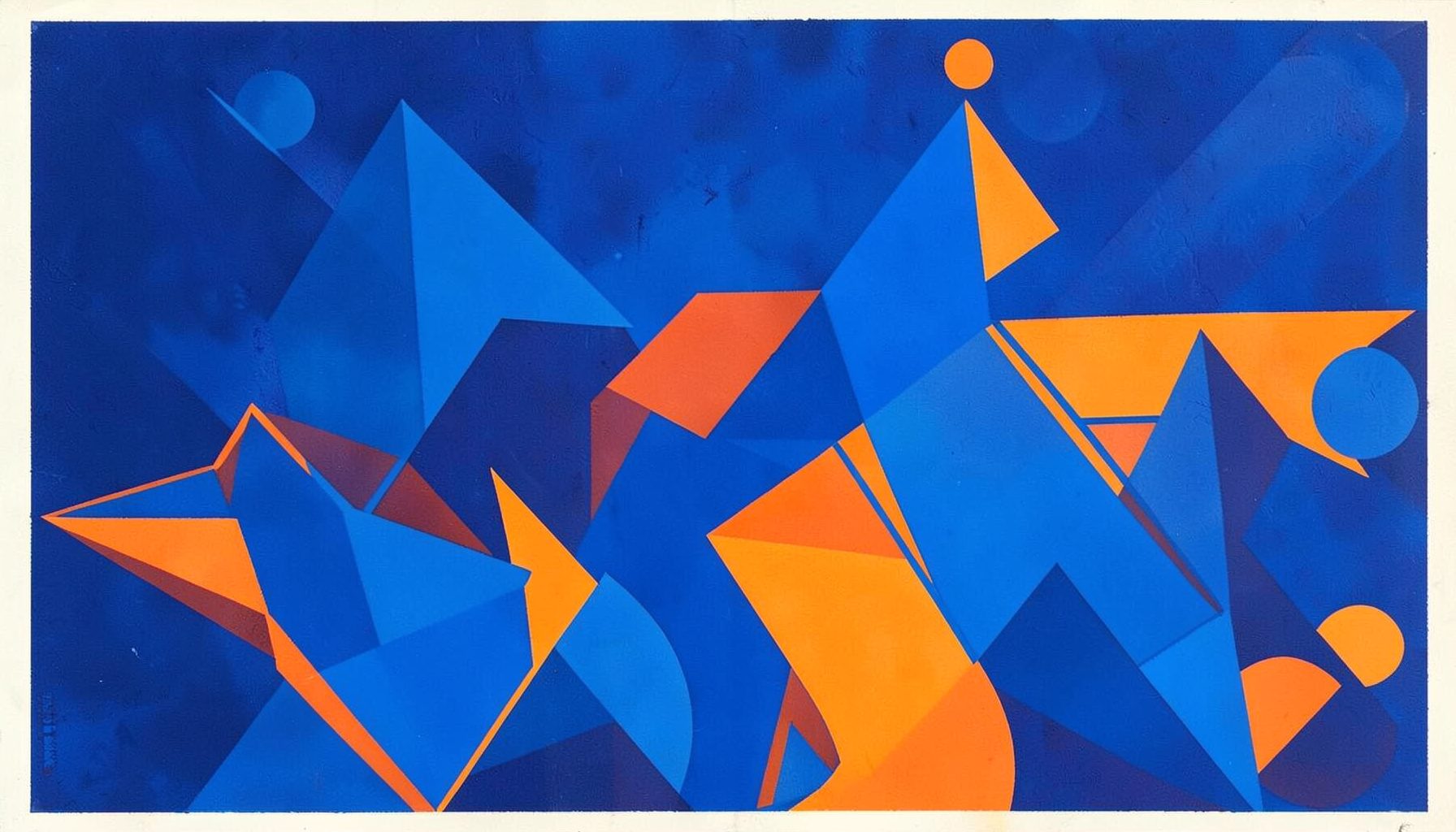 Matte gouache poster painting of abstract geometric shapes in electric blue and orange, suggesting digital innovation and gaming technology